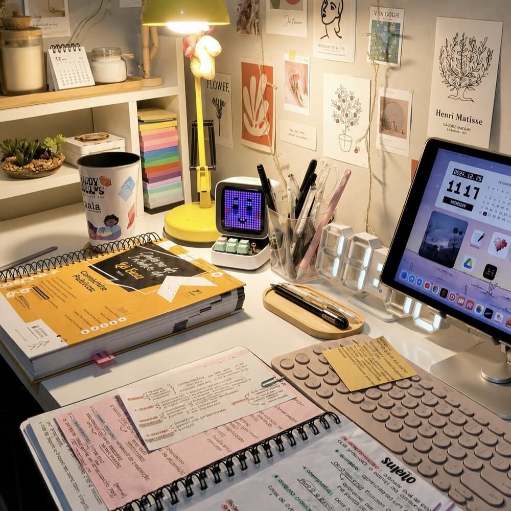 A well-organized study desk with book